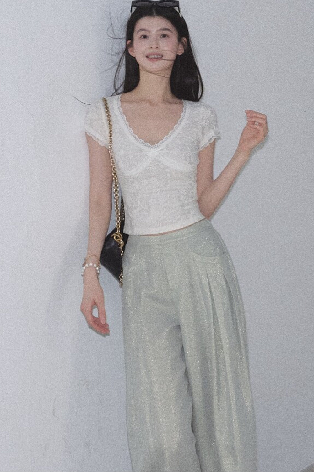 V-Neck White Lace Trim Short-Sleeve Top