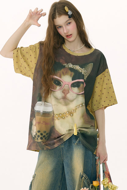 Locker sitzendes Kurzarm-T-Shirt mit Katzenprint