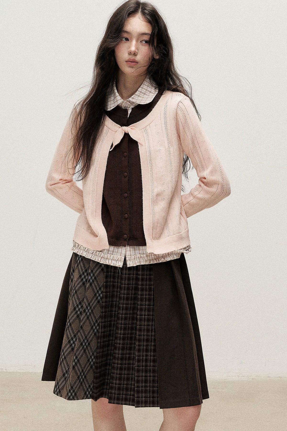Plaid Collar Layered-Look Knit Top