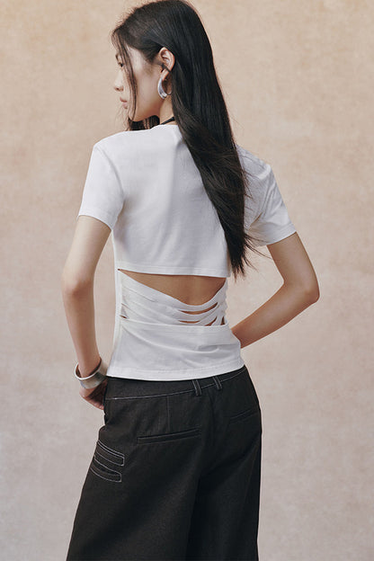 Backless Pleated Hollow-Out Short-Sleeve T-Shirt