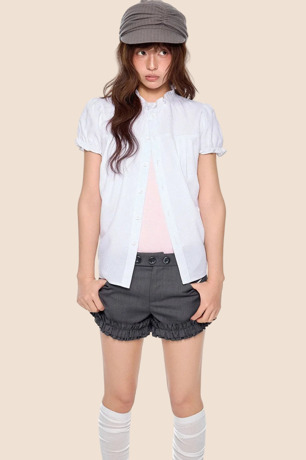Pleated Lace Collar Short Sleeve Shirt