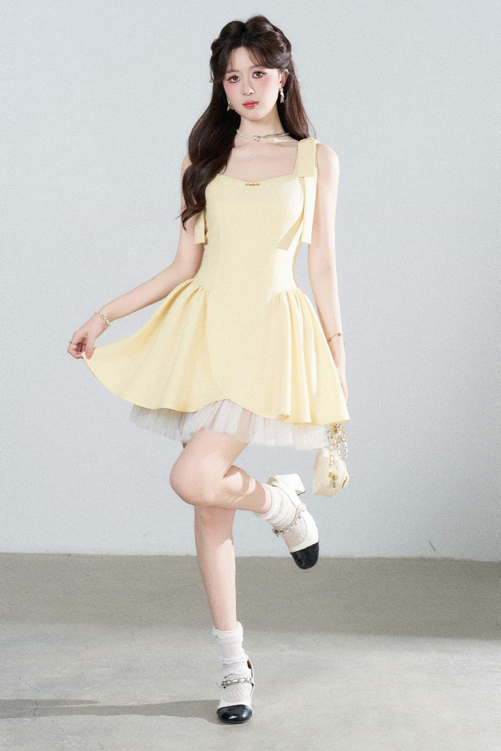 Yellow Mesh Spliced Dress