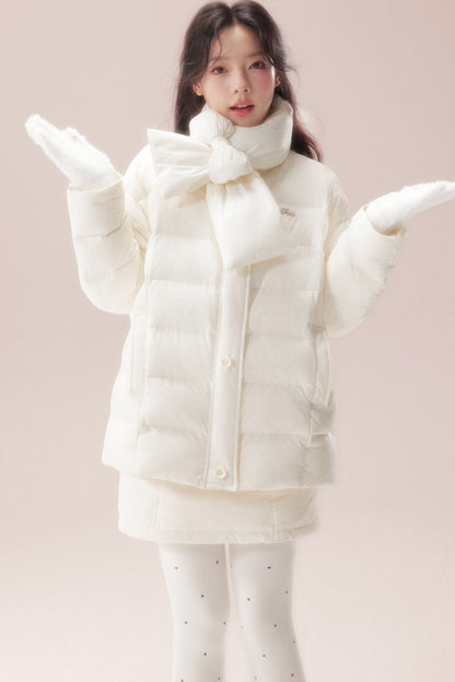 Bow-Knot Scarf Mid-Length Down Jacket