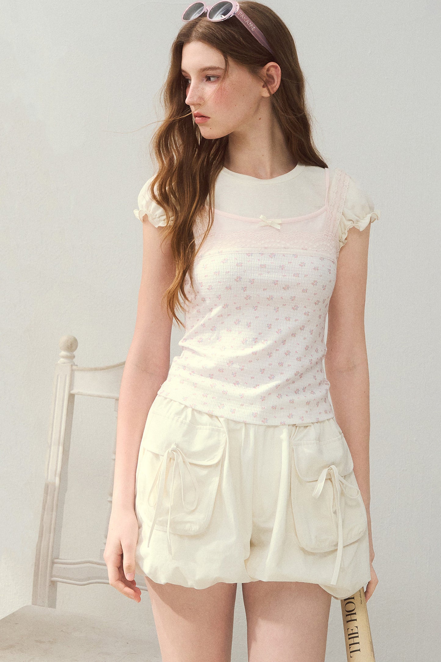 Floral Lace Strap Camisole And Puff Sleeve Top