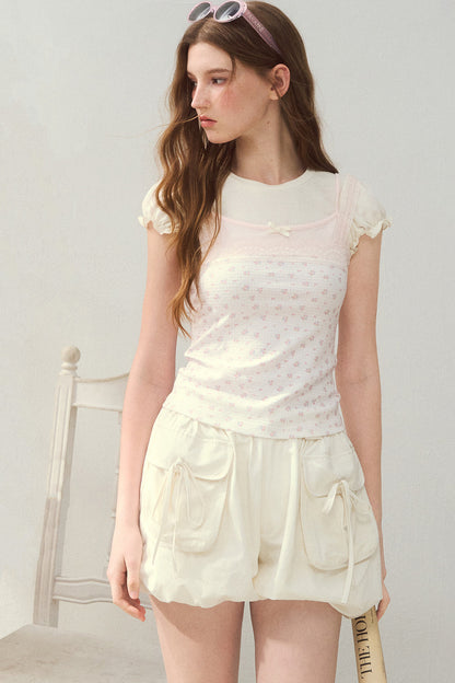 Floral Lace Strap Camisole And Puff Sleeve Top