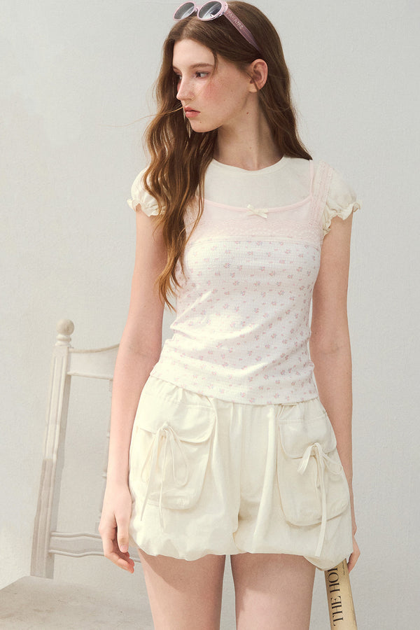 Floral Lace Strap Camisole And Puff Sleeve Top