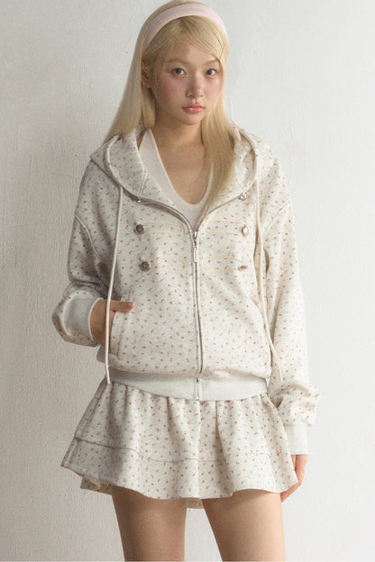 Floral Hooded Cardigan and Skirt Set-Up