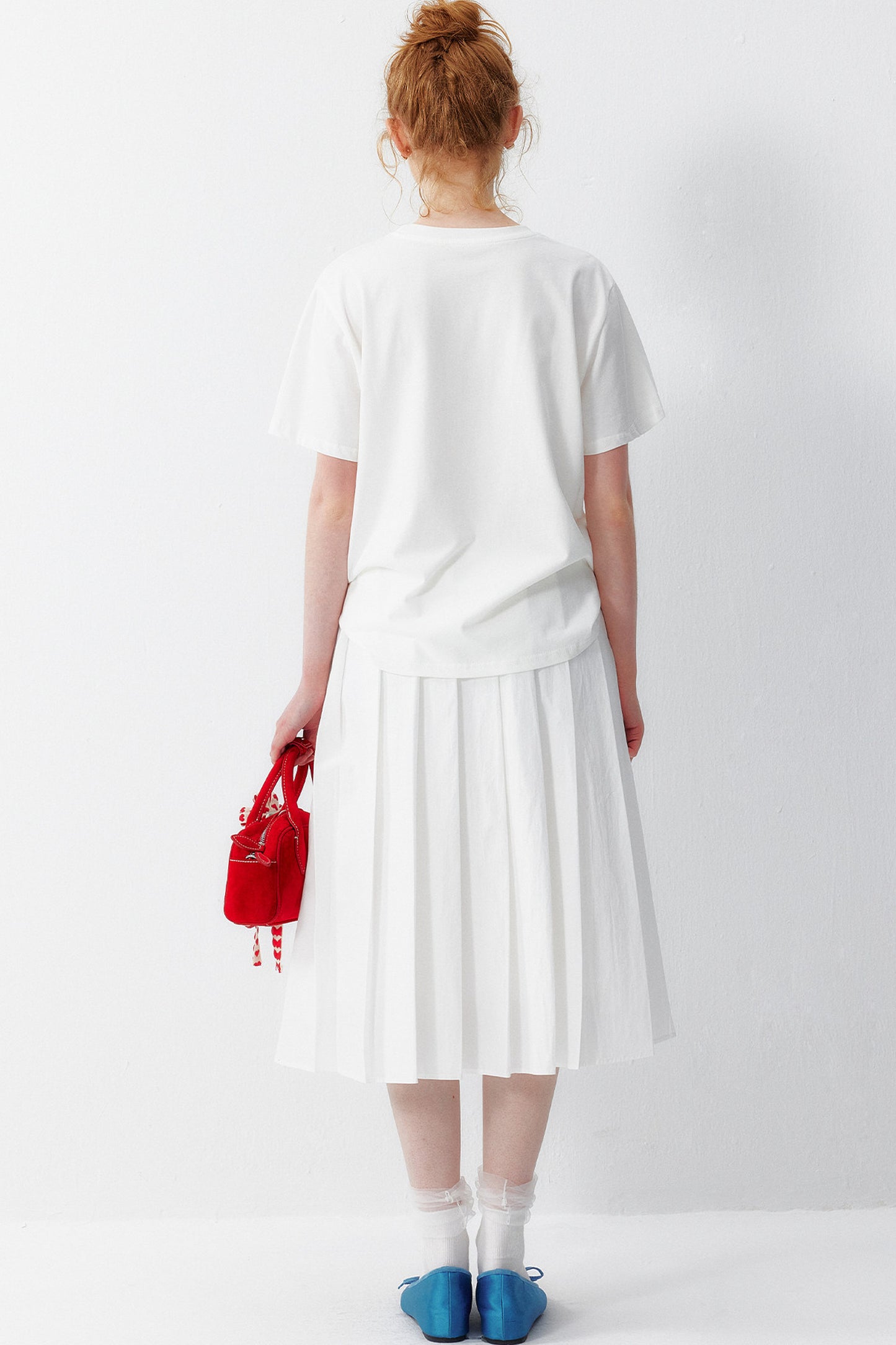 Cotton Elastic Waist Pleated Midi Skirt