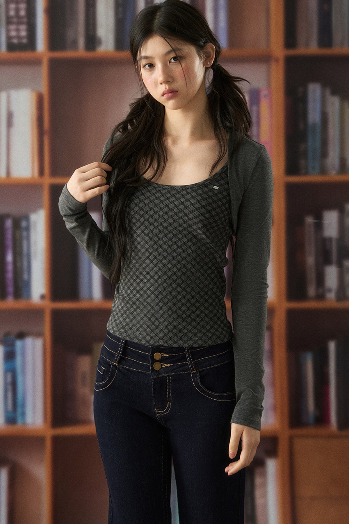 Long-Sleeved Plaid Cardigan Camisole Set