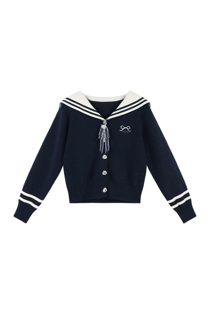 Bow Sailor Collar Knit Cardigan Set-Up
