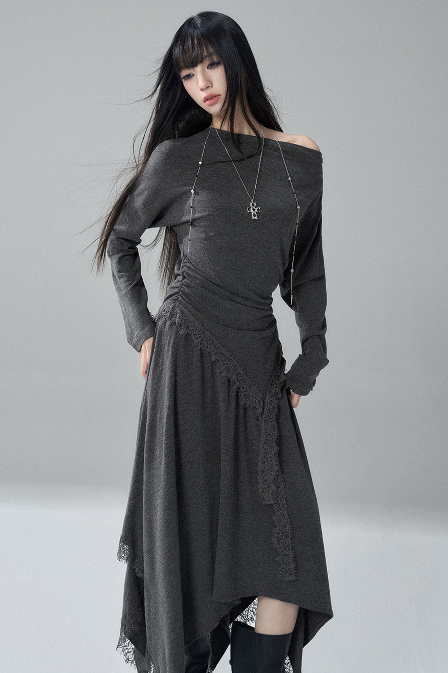 Gray Off-Shoulder Top and Irregular Hem Skirt Set-Up