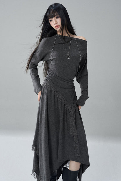 Gray Off-Shoulder Top and Irregular Hem Skirt Set-Up