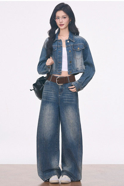 Ensemble 3 pièces avec veste courte en denim, pantalon à ourlet arrondi et haut