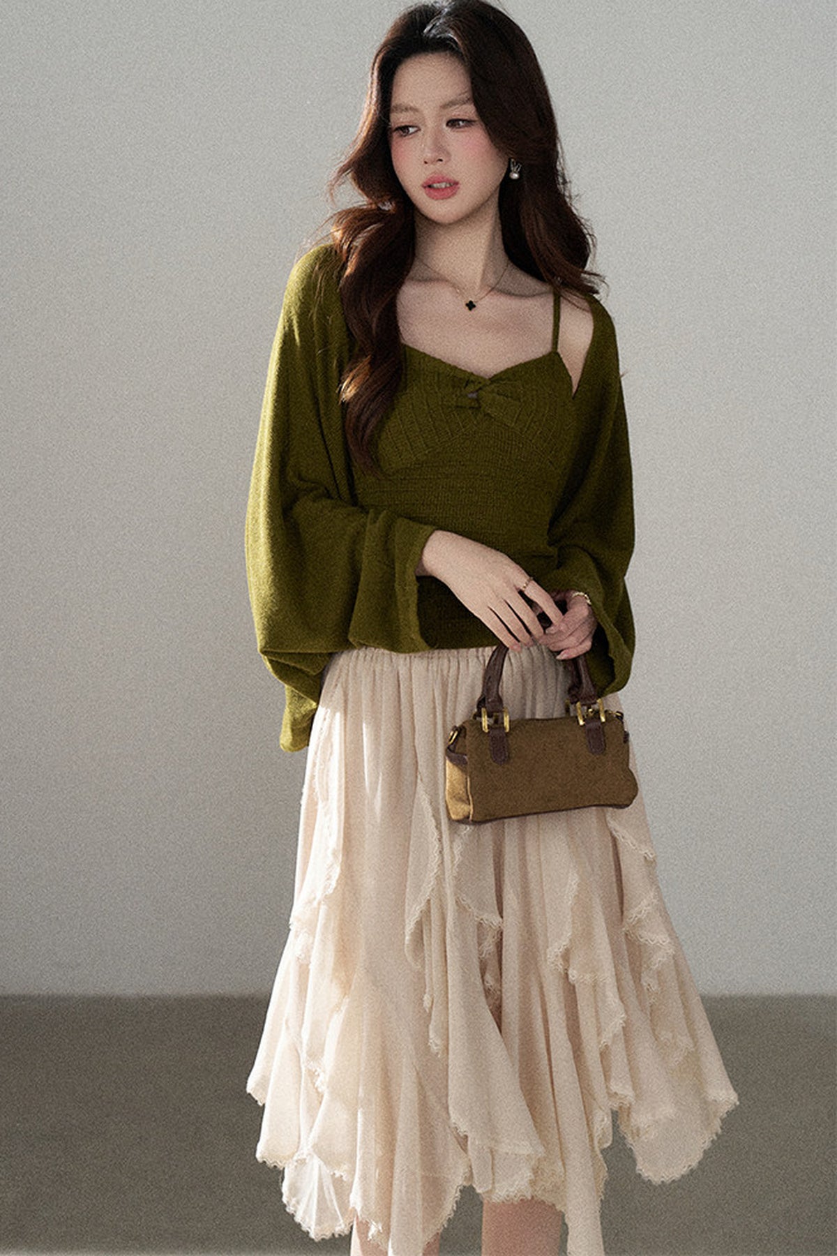 V-Neck Knitted Cardigan and Camisole Set-Up