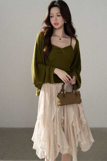 V-Neck Knitted Cardigan and Camisole Set-Up