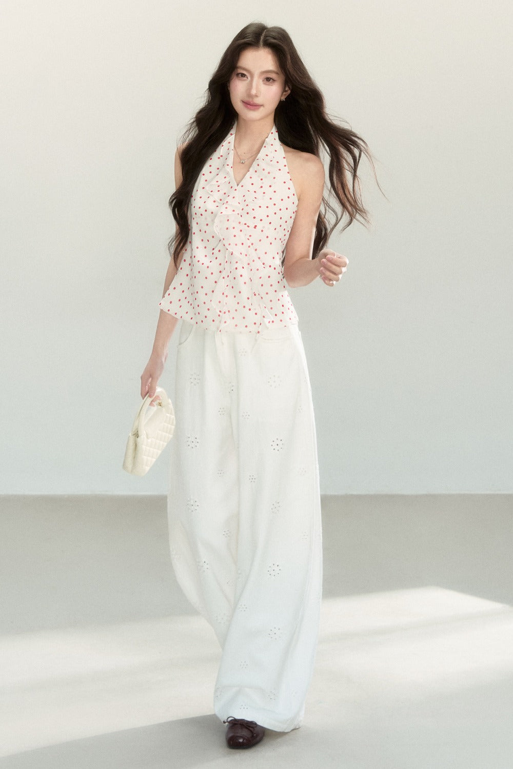 White Polka Dot Chiffon Halter Top