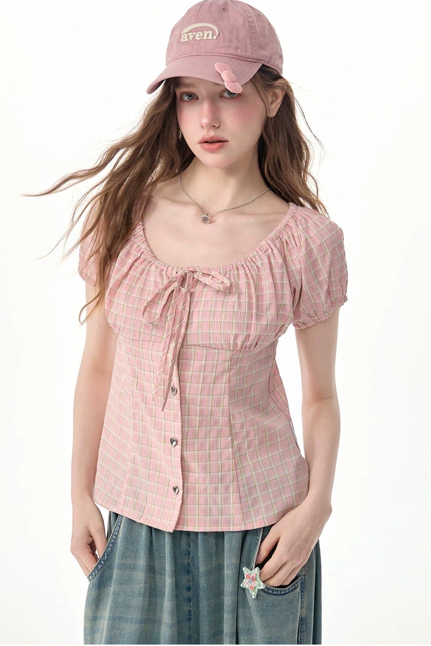 Green Plaid Puff Sleeve Button Front Top