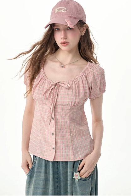 Green Plaid Puff Sleeve Button Front Top