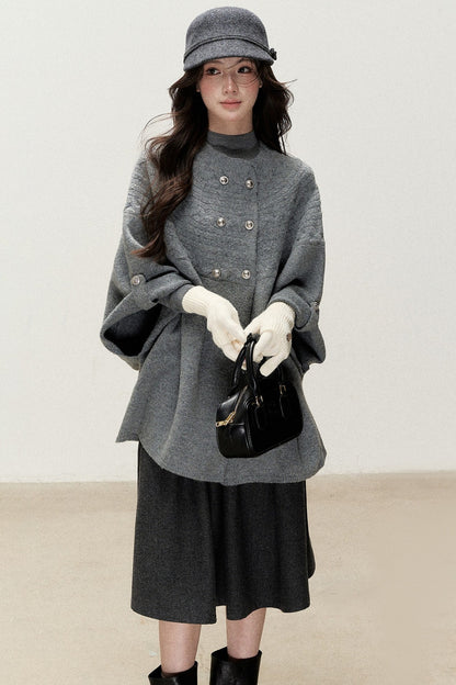 Double-Breasted Cape Design Cardigan