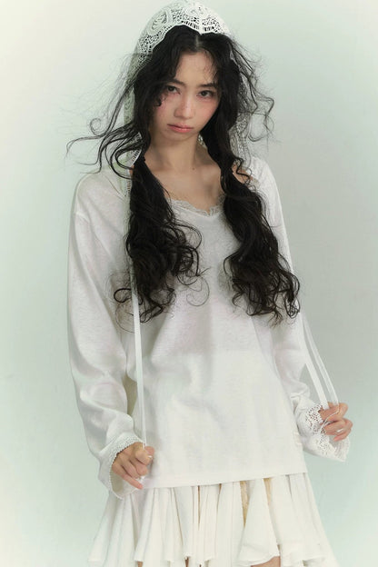 Somesowe Lace Ribbon Hooded T-Shirt