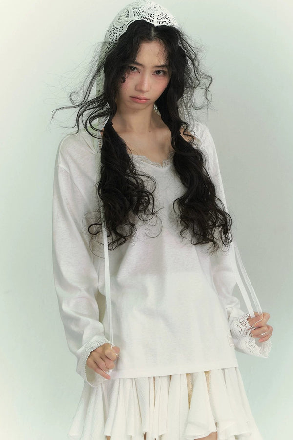 Somesowe Lace Ribbon Hooded T-Shirt