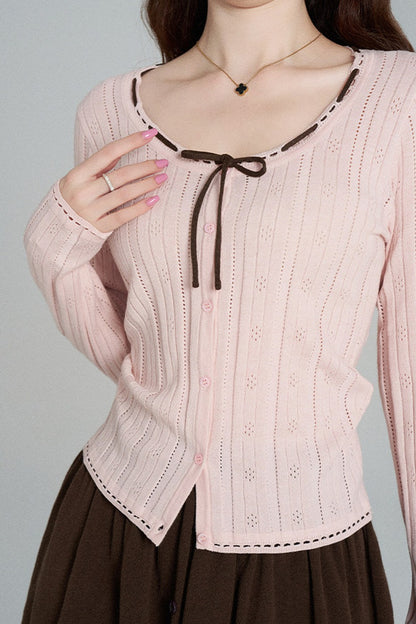 Hollow-Out Knit Cardigan and Skirt Set-Up