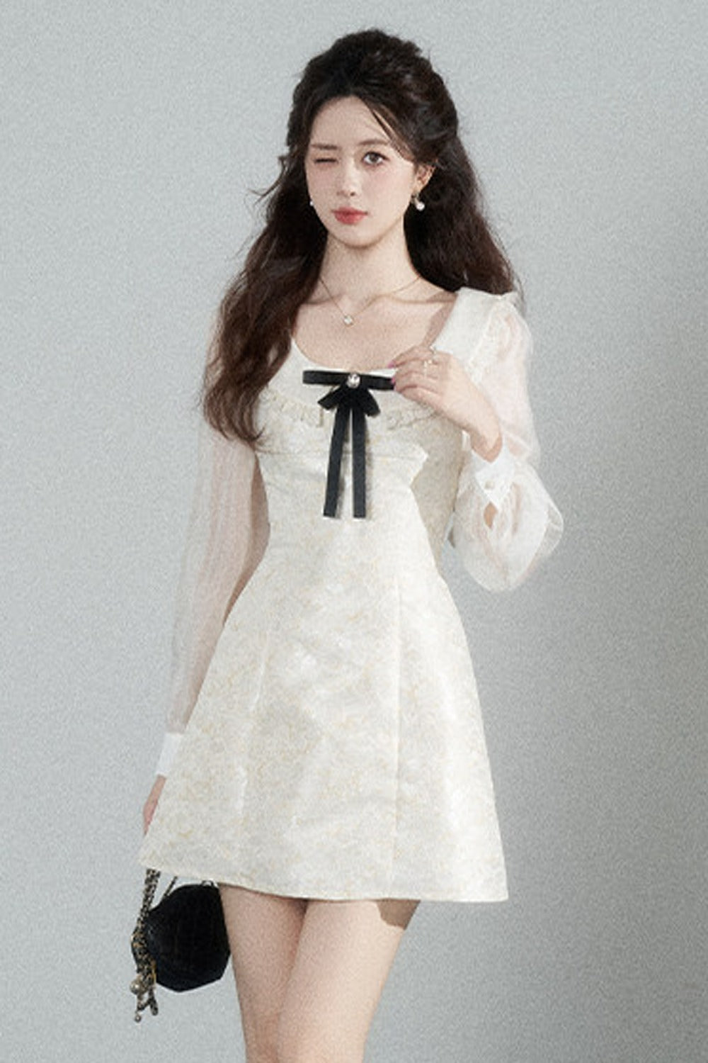 Waist-Cinching A-Line Jacquard Long-Sleeve Dress