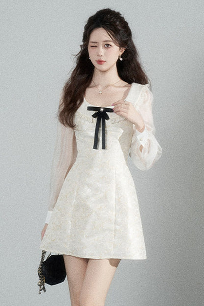 Waist-Cinching A-Line Jacquard Long-Sleeve Dress