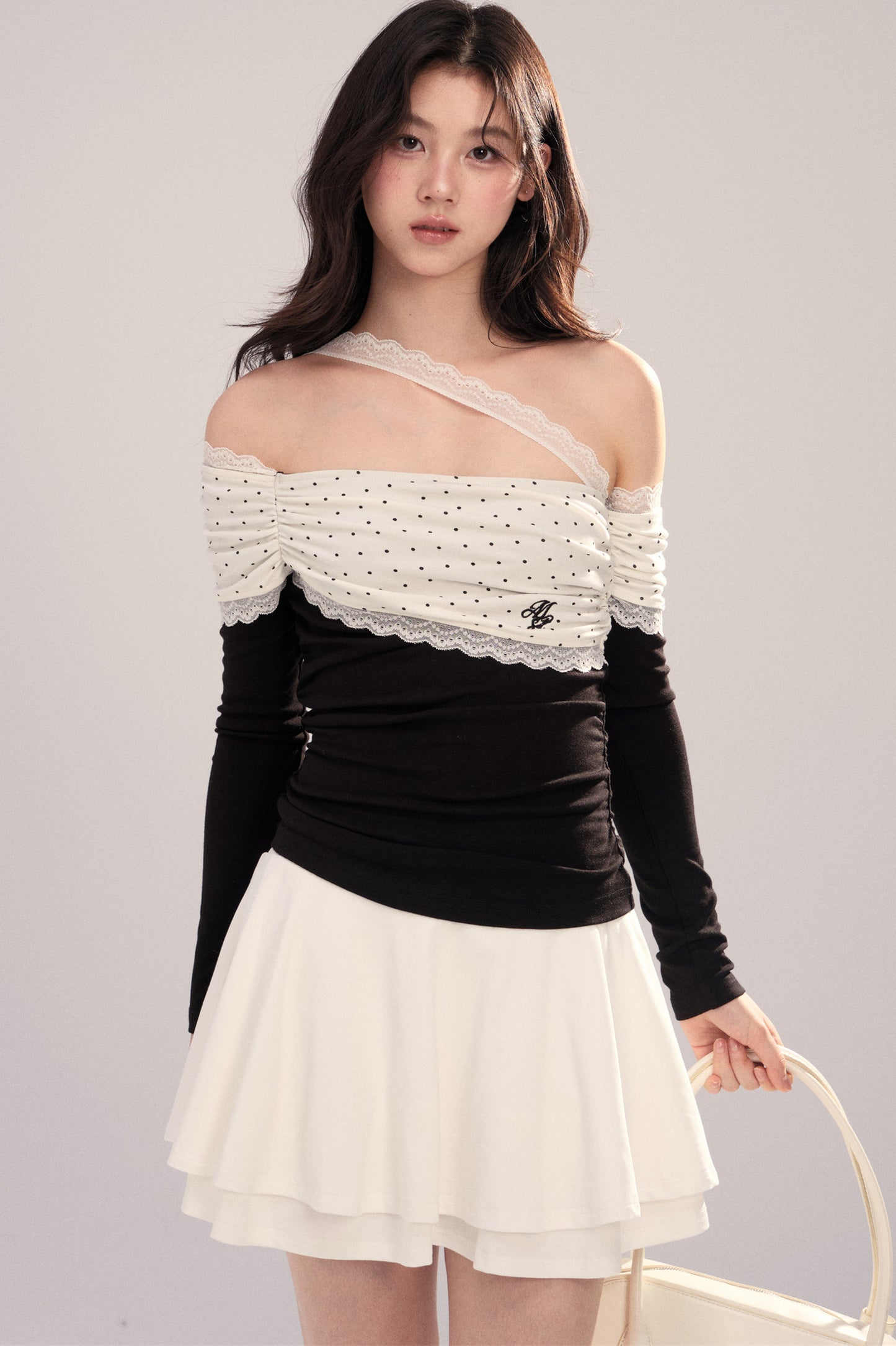 Polka Dot Spliced Lace Off-Shoulder T-Shirt