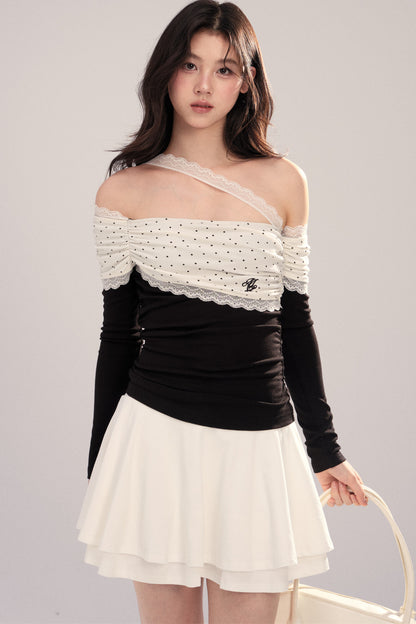 Polka Dot Spliced Lace Off-Shoulder T-Shirt
