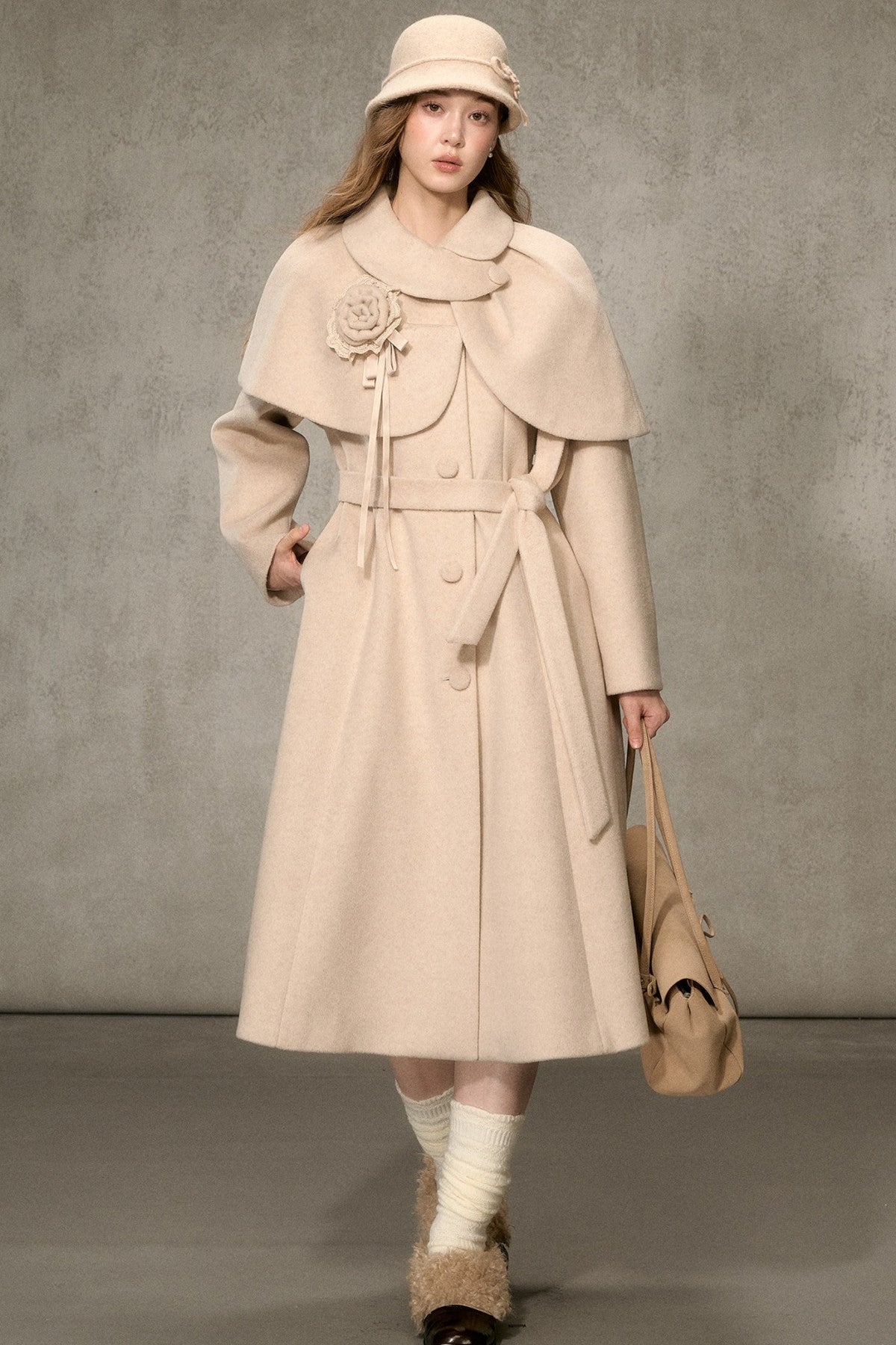 Floral Embroidered Long Woolen Cape Coat Set-Up