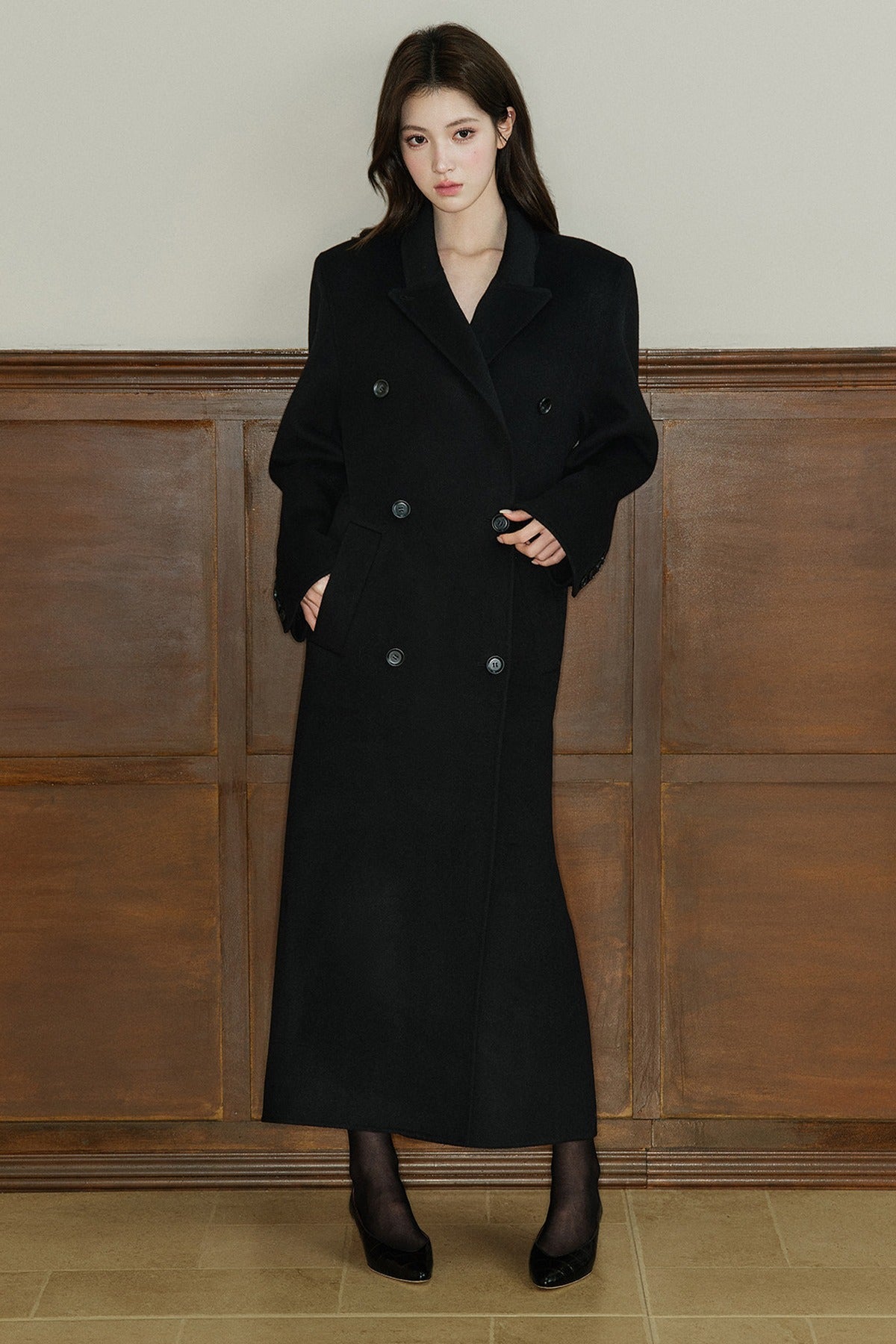 Double Breasted Notch Lapel Long Wool Coat