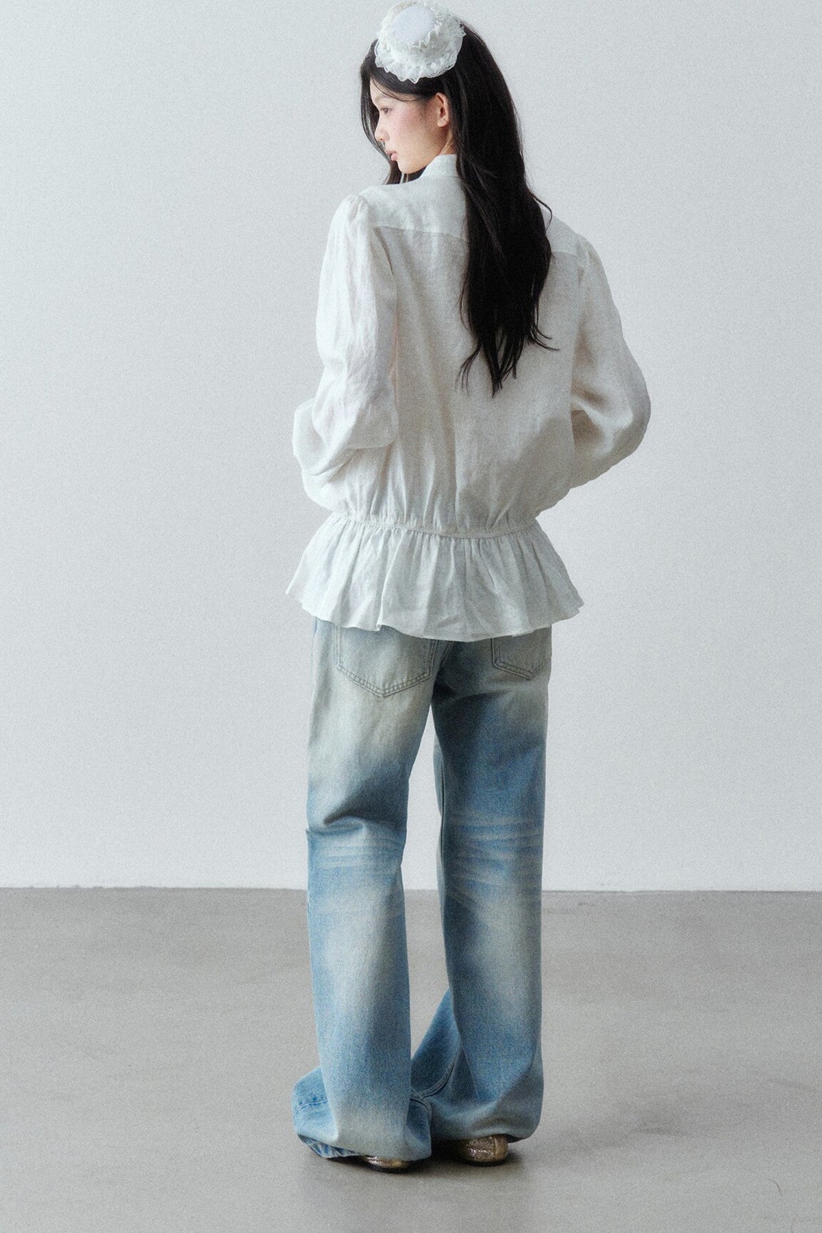 Low-Waist Ruffle Linen Shirt