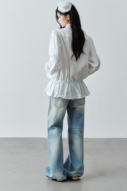 Low-Waist Ruffle Linen Shirt
