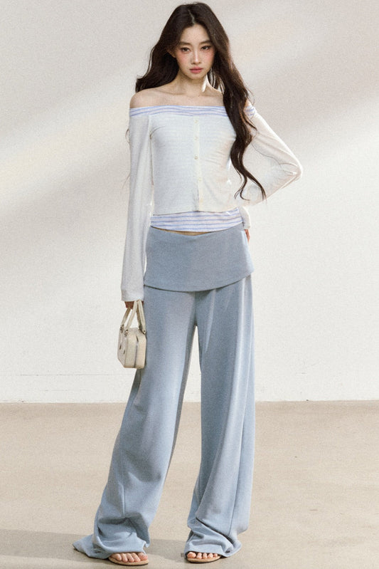 Conjunto de top de manga larga con hombros descubiertos y pantalones anchos