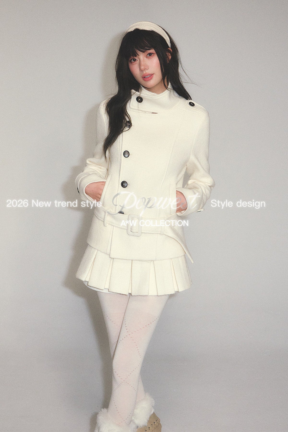 Detachable Belt Woolen Coat and Pleated Skirt Set-Up