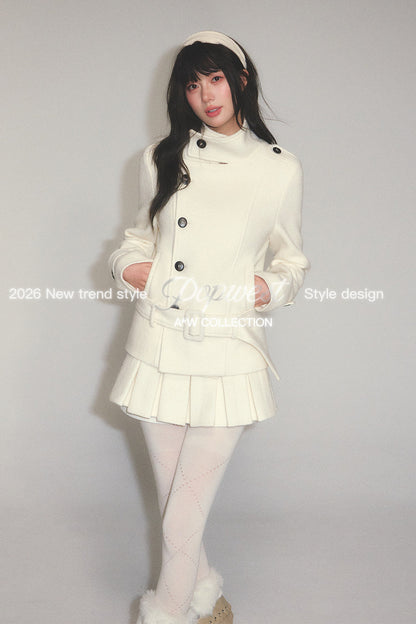 Detachable Belt Woolen Coat and Pleated Skirt Set-Up
