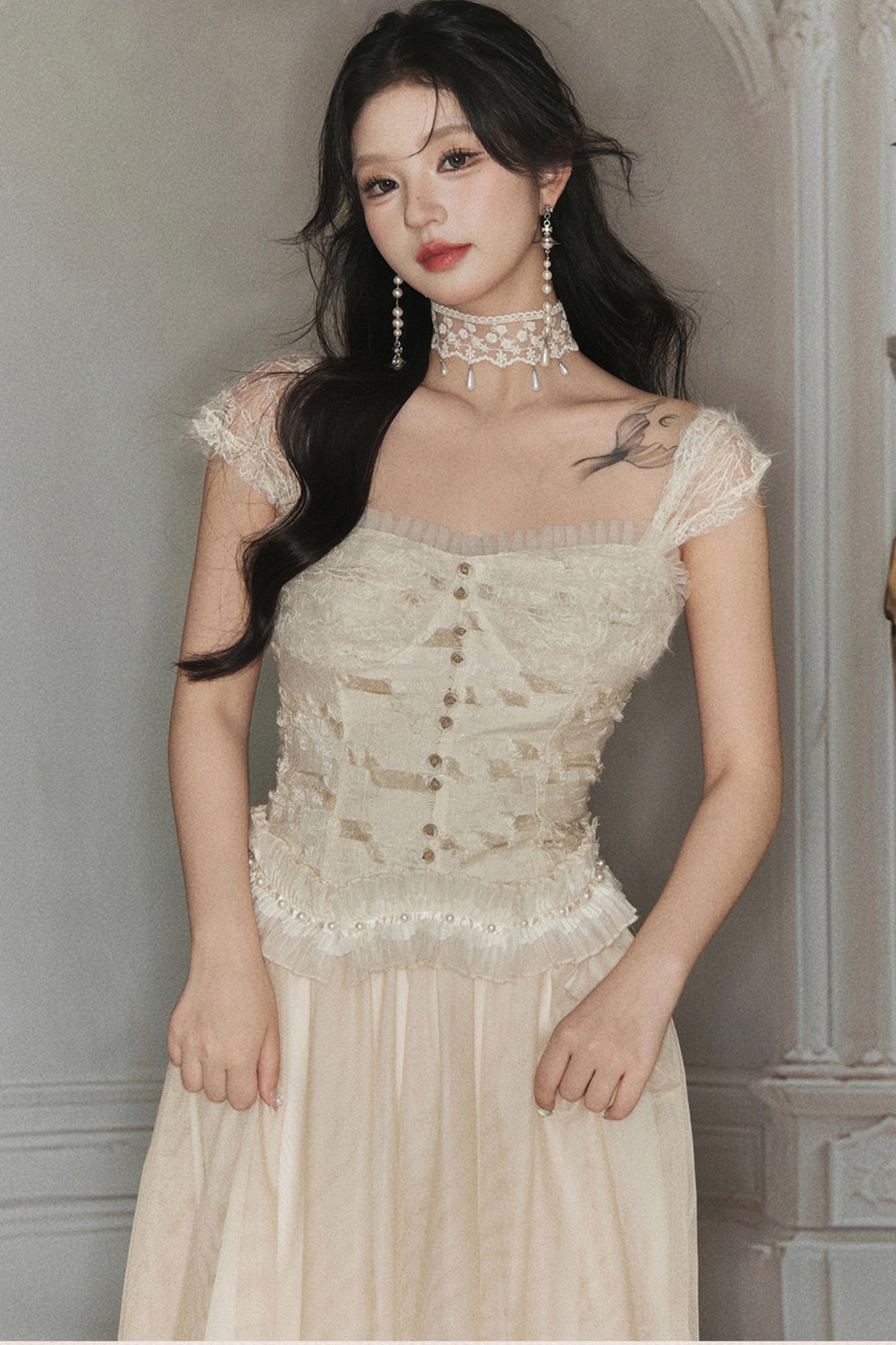 Spliced Pleated Mesh Lace Tube Top