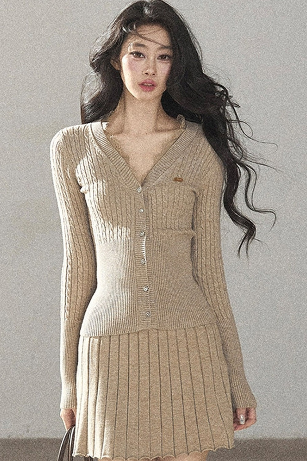 Oatmeal Knit Cardigan and Ribbed Skirt Set-Up