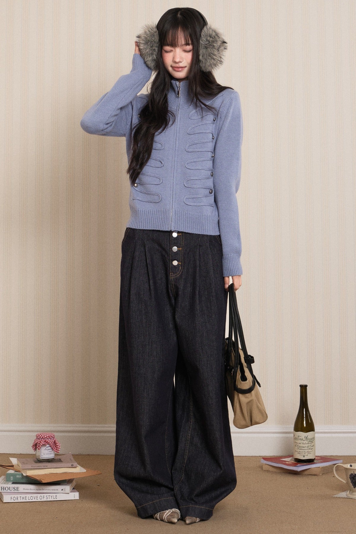 Napoleon Style Zipper Knit Cardigan
