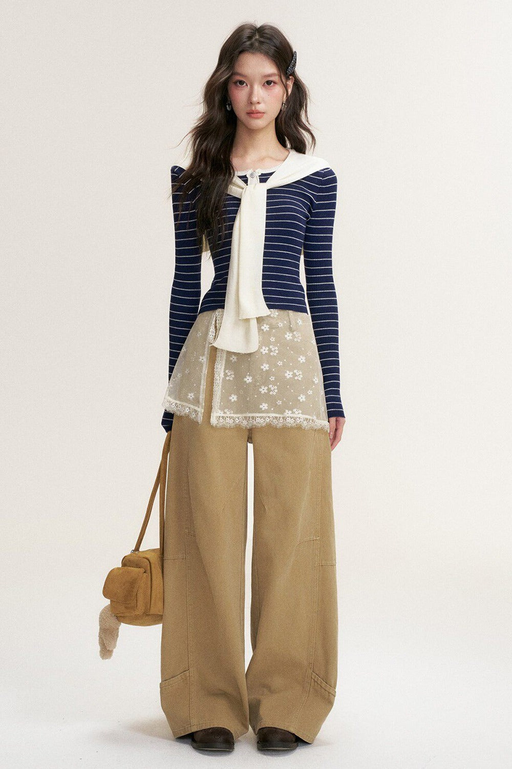 Striped Shawl Collar Long Sleeve Knit Sweater