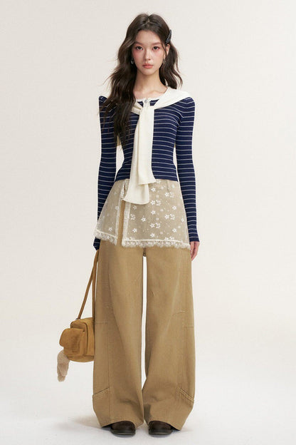 Striped Shawl Collar Long Sleeve Knit Sweater
