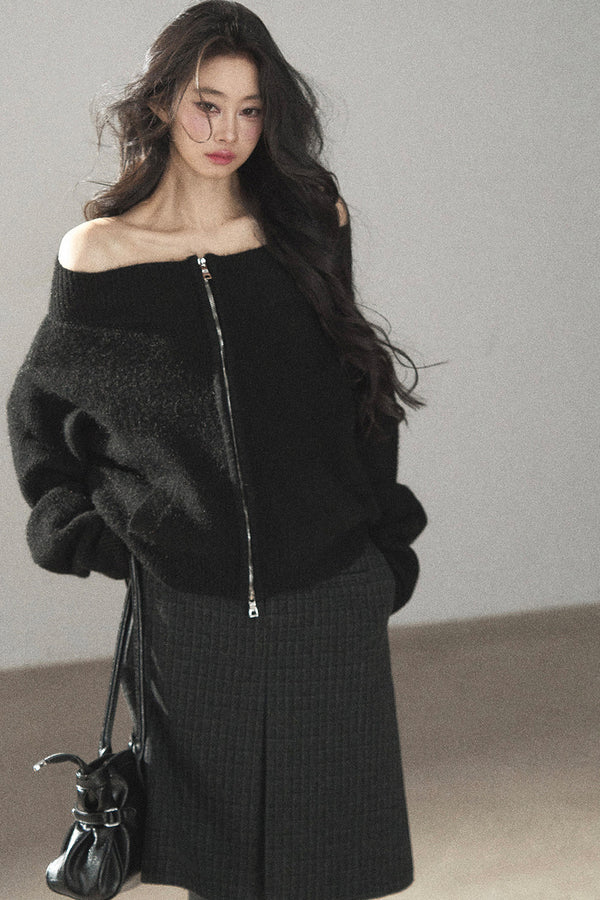Relaxed Wool Blend Off-Shoulder Double-Zip Jacket