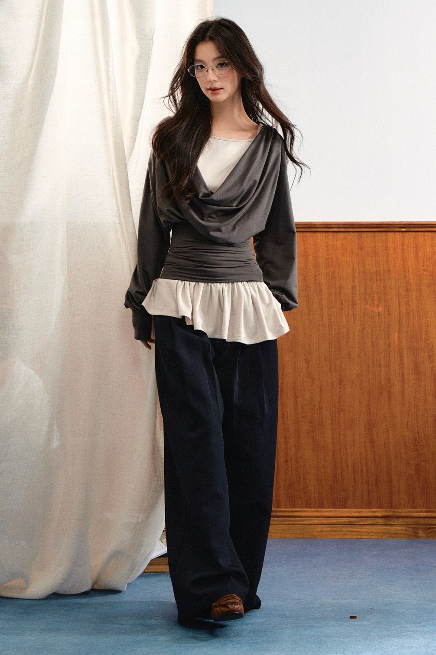 Draped Ruched Blouse and Inner Top Set-Up