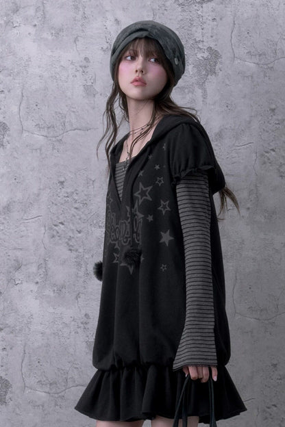 Loose Floral Hooded Sweatshirt Dress and Jeans