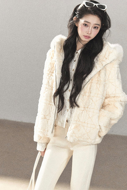Quilted Faux Rabbit Fur Hooded Jacket