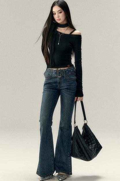 Asymmetrical Off-Shoulder Washed Shirt Set-Up