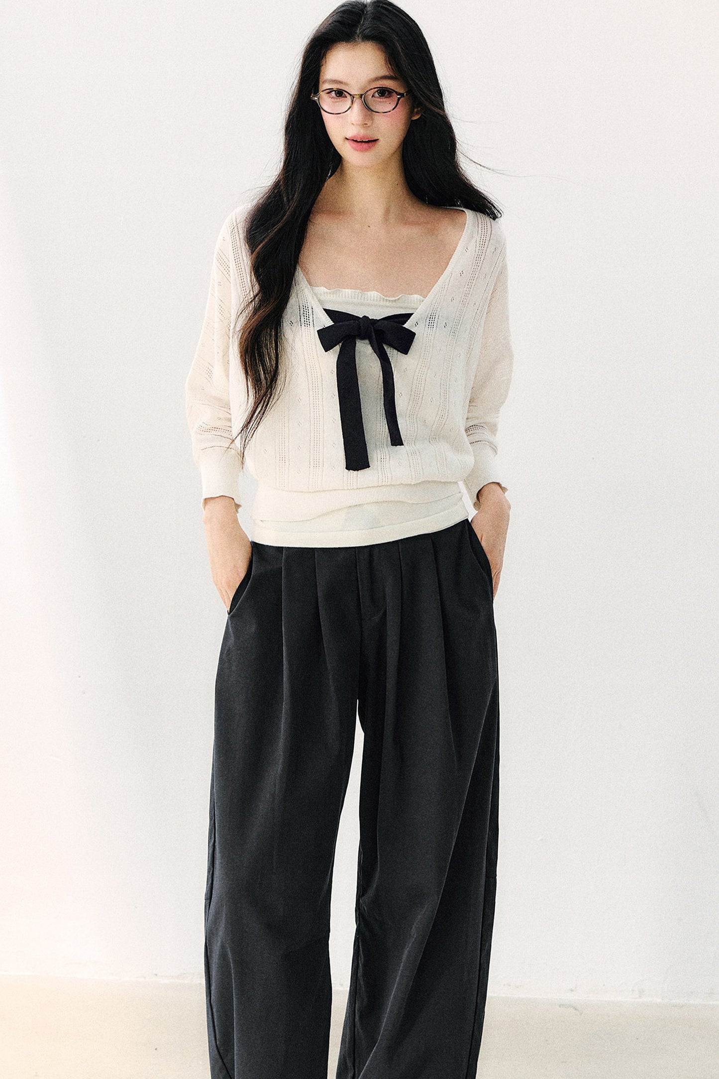 Bowknot Hollow-Out Knit Cardigan And Inner Top Set