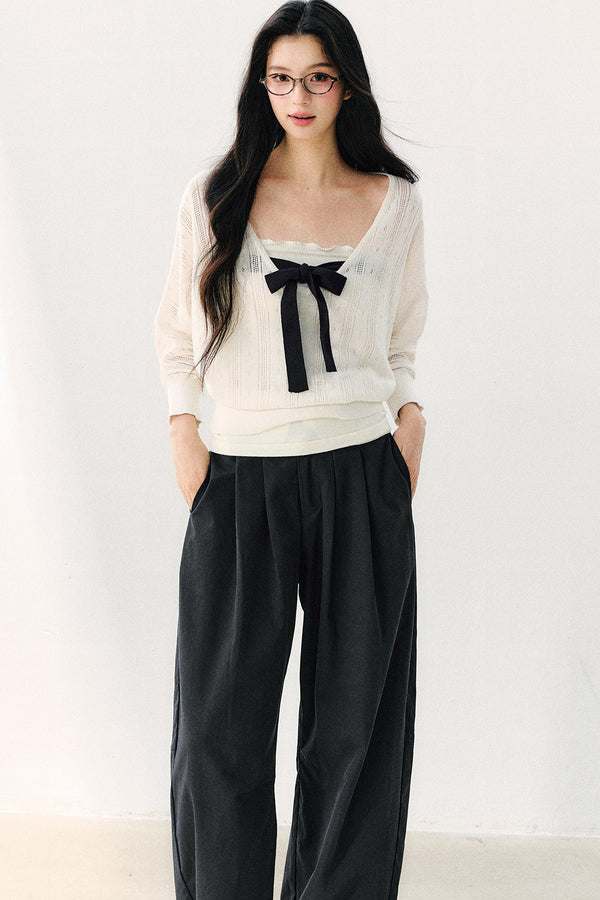 Bowknot Hollow-Out Knit Cardigan And Inner Top Set