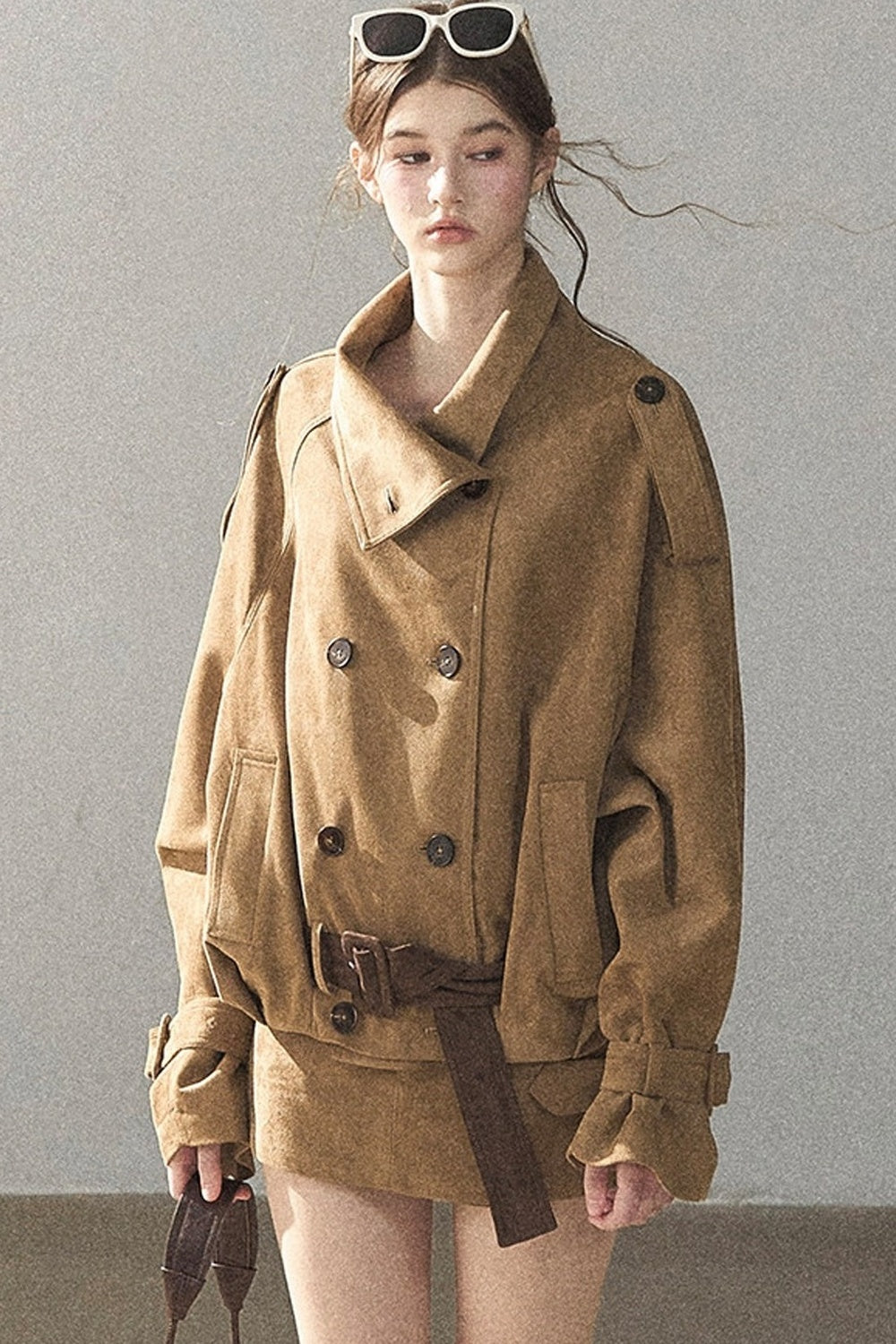 Chestnut Brown Faux Suede Windbreaker and Shorts Set-Up